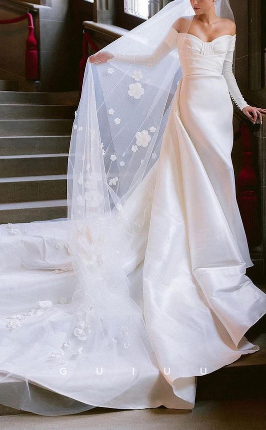 GW388 - Elegant Simple Off-Shoulder Satin Long Sleeves Boho Wedding Dress With Train