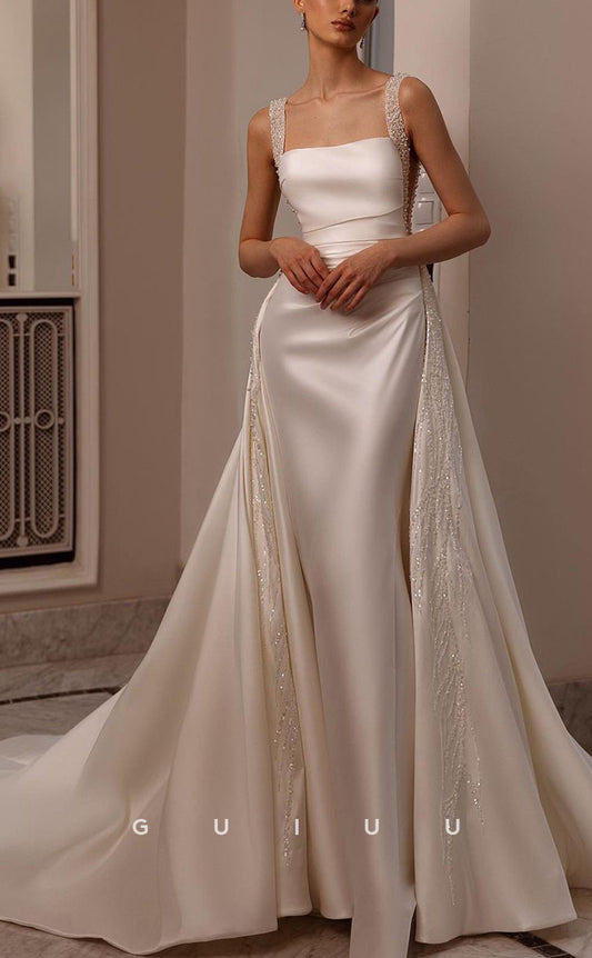 GW390 - Simple & Elegant Satin Beaded Straps Long Boho Wedding Dress With Train