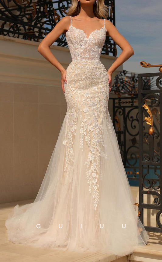GW394 - Elegant & Luxurious Memaid Lace Straps Tulle Boho Wedding Dress With Train