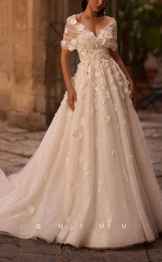 GW395 - Elegant & Luxurious A-Line Off-Shoulder Glitter Floral Embossed Wedding Dress With Train