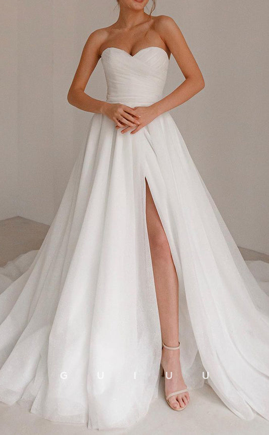 GW396 - Simple A-Line Strapless Tulle Long Boho Wedding Dress With Slit