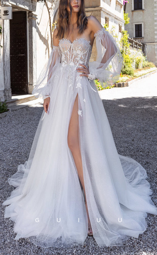 GW398 - Chic & Modern Strapless Glitter Sheer Long Boho Wedding Dress With Slit