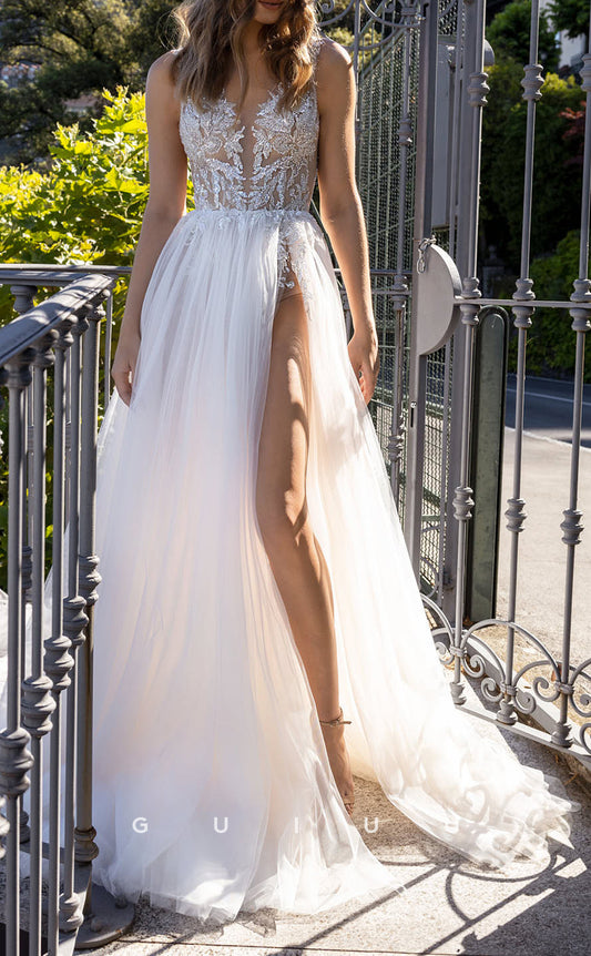 GW399 - Chic & Modern V-Neck Sequins Sheer Long Boho Wedding Dress With Slit