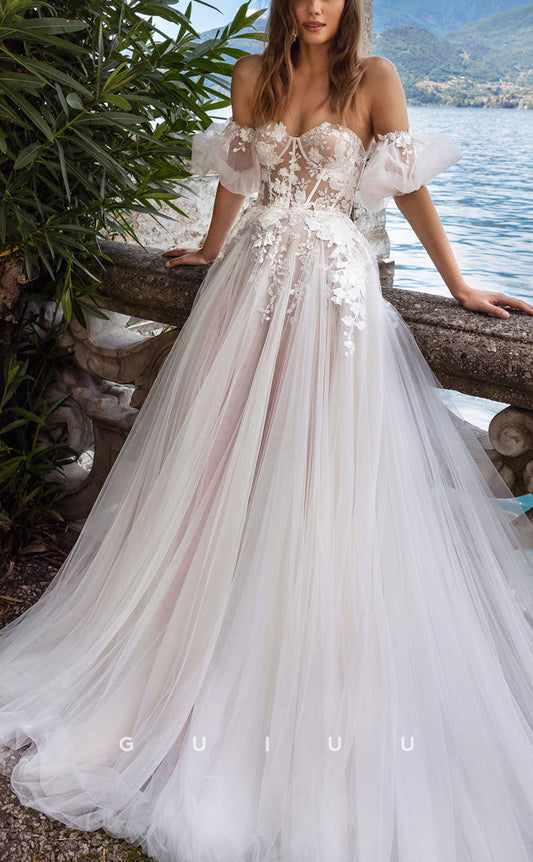 GW400 - Elegant & Luxurious Off-Shoulder Applique Tulle Long Boho Wedding Dress With Train
