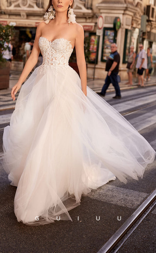 GW401 - Elegant Simple Applique Strapless Tulle Boho Wedding Dress