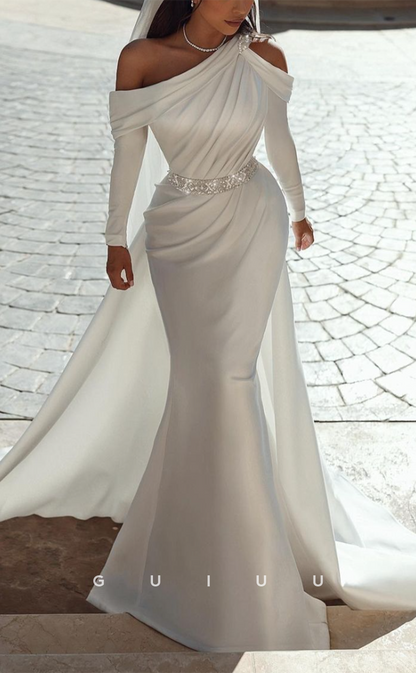 GW413 - Chic & Modern One Shoulder Satin Long Sleeves Beach Boho Wedding Dress