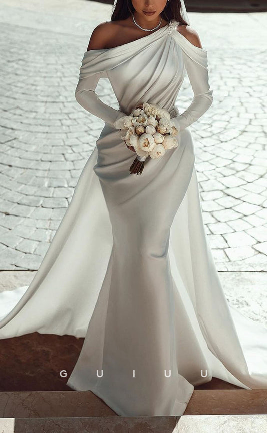 GW413 - Chic & Modern One Shoulder Satin Long Sleeves Beach Boho Wedding Dress