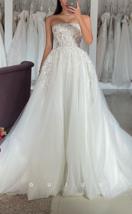 GW418 - Elegant & Luxurious A-Line Strapless Sheer Applique Long Sleeves Boho Wedding Dress