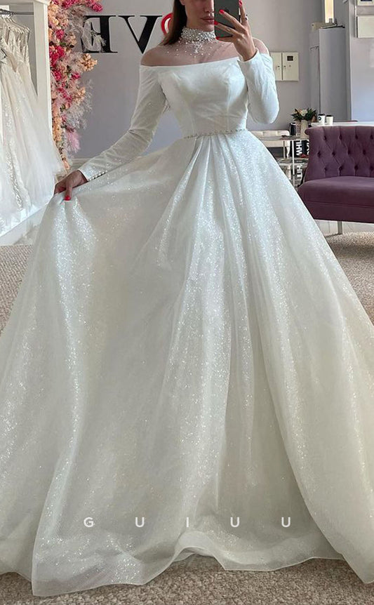 GW419 - Elegant & Luxurious Glitter A-Line High Neck Beaded Beach Boho Wedding Dress