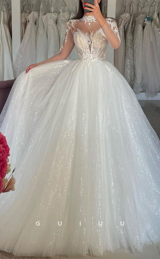GW420 - Classic & Timeless A-Line High Neck Glitter Applique Sheer Wedding Dress