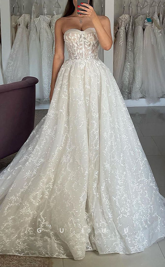 GW421 - Elegant & Luxurious A-Line Sparkly Strapless Sheer Beach Boho Wedding Dress