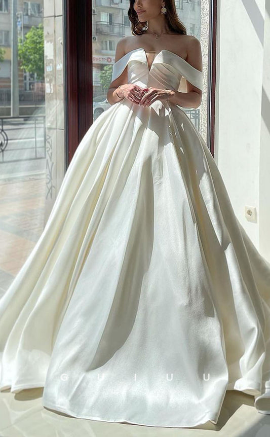 GW422 - Elegant Simple A-Line Off-Shoulder Satin Pleats Beach Boho Wedding Dress