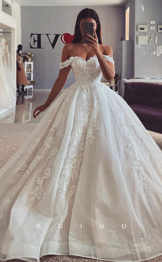GW423 - Elegant & Luxurious A-Line Off-Shoulder Glitter Applique Boho Wedding Dress