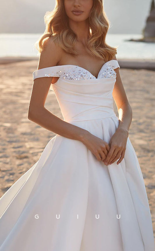 GW425 - Chic & Modern A-Line Beaded Off-Shoulder Satin Beach Boho Wedding Dress