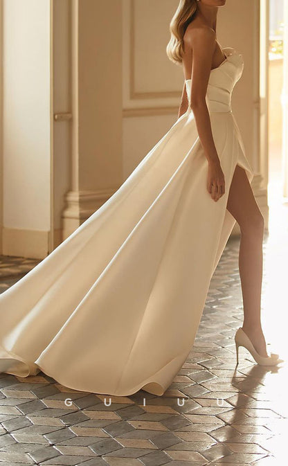 GW427 - Chic & Modern Strapless Pleats Satin Long Beach Boho Wedding Dress