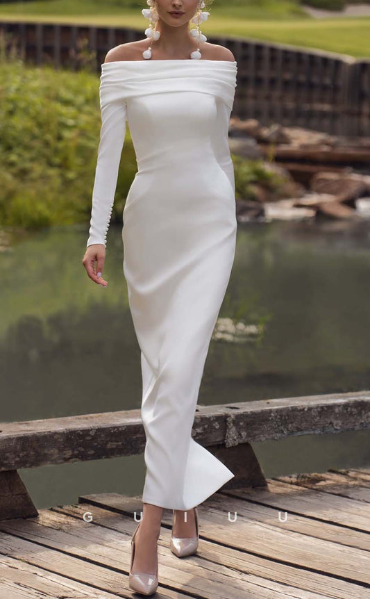 GW428 - Off-Shoulder Sheath Long Sleeves Pleats Boho Wedding Dresses