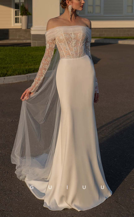 GW431 - Lace Off-Shoulder Satin Tulle Illusion Long Sleeves Boho Wedding Dresses