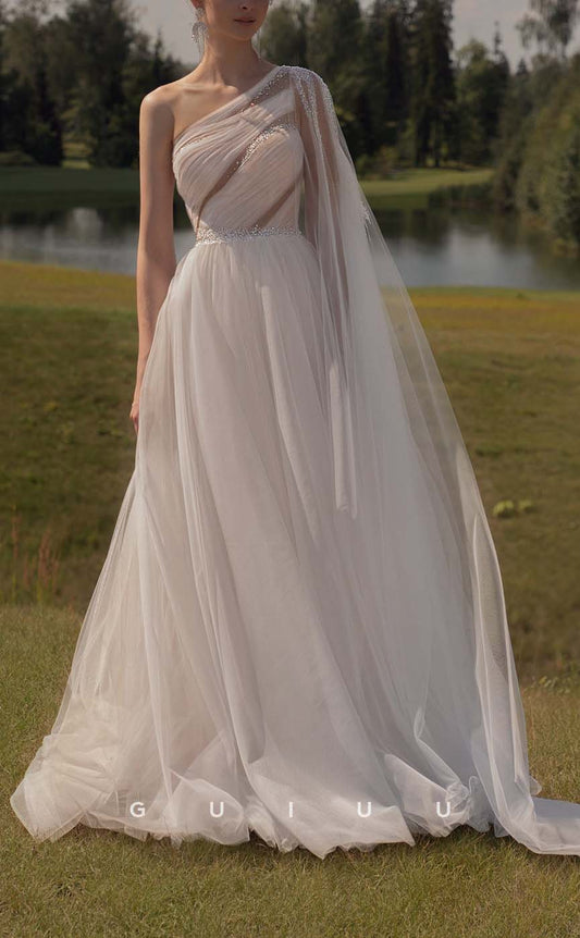 GW432 - A-Line One Shoulder Sequins Tulle Long Boho Wedding Dresses