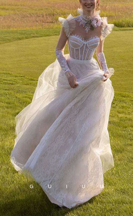 GW435 - Elegant A-Line Sweetheart High Neck Lace Long Boho Wedding Dresses