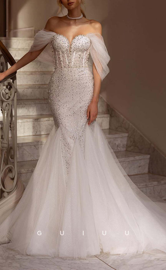 GW436 - Elegant & Luxurious Glitter Off-Shoulder Beaded Long Boho Wedding Dresses