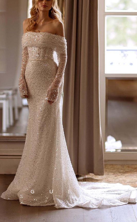 GW437 - Elegant & Luxurious Glitter Off-Shoulder Beaded Long Boho Wedding Dresses