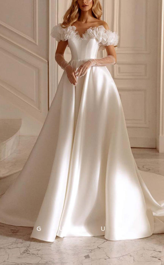 GW439 - Elegant & Chic A-Line Off-Shoulder Floral Embellished Long Wedding Dresses
