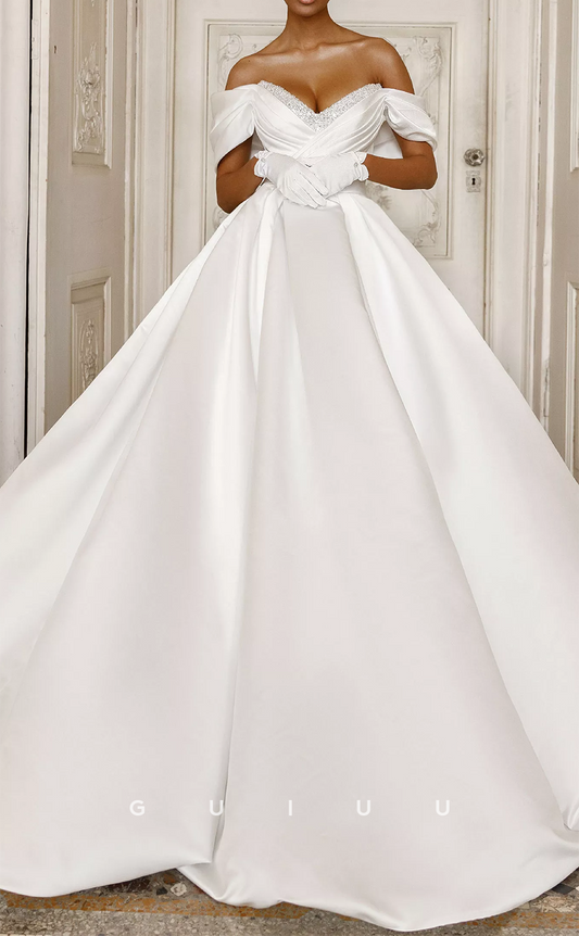 GW444 - A-Line Beaded Off-Shoulder Pleats Long Boho Wedding Dresses