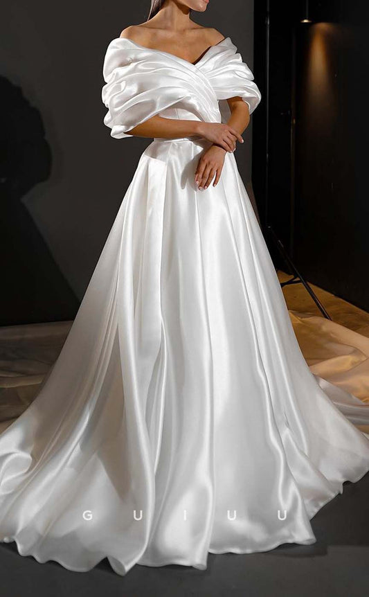 GW449 - Chic & Modern A-Line Off-Shoulder Pleats Satin Long Boho Wedding Dresses