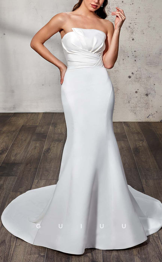 GW453 - Elegant & Classic Strapless Pleats Bow Long Boho Wedding Dresses