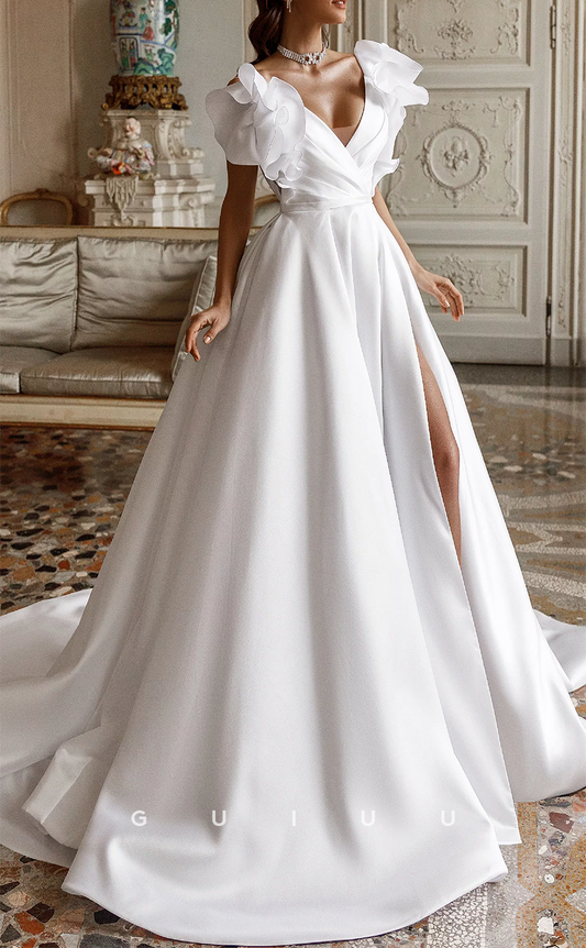GW455 - Chic & Modern A-Line V-Neck Pleats Ruffled Long Boho Wedding Dresses