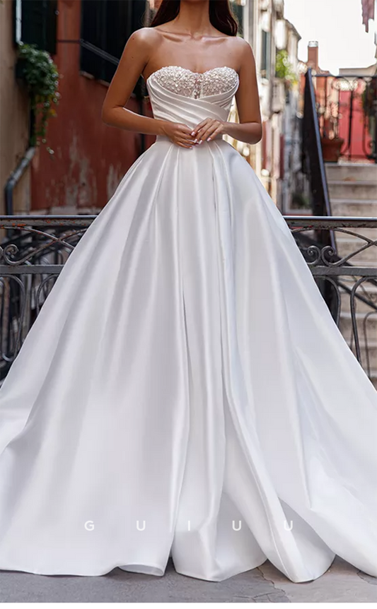 GW458 - Classic & Timeless A-Line Strapless Beaded Pleats Long Boho Wedding Dresses