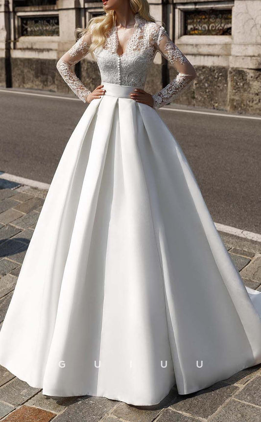 GW459 - Elegant & Luxurious A-Line V-Neck Lace Long Sleeves Boho Wedding Dresses