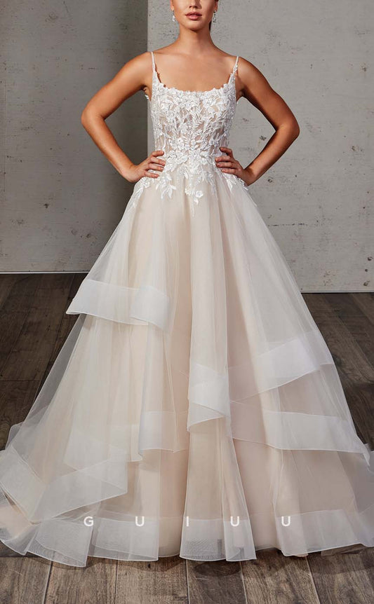 GW460 - Elegant & Luxurious A-Line Lace Straps Applique Tulle Long Boho Wedding Dresses