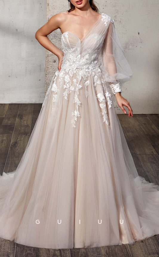 GW463 - Elegant A-Line Ivory One Shoulder Applique Tulle Long Boho Wedding Dresses