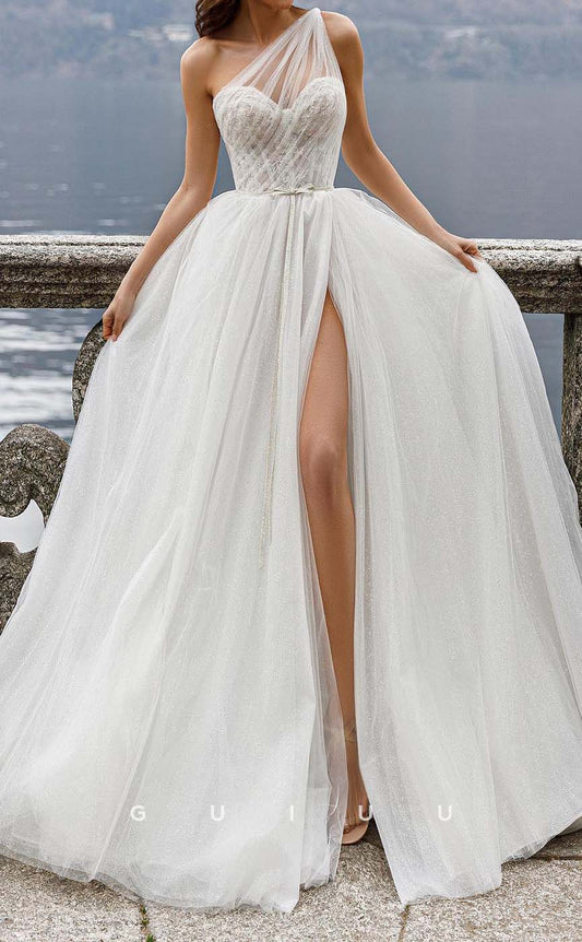 GW464 - Classic & Timeless A-Line Glitter One Shoulder Long Boho Wedding Dresses