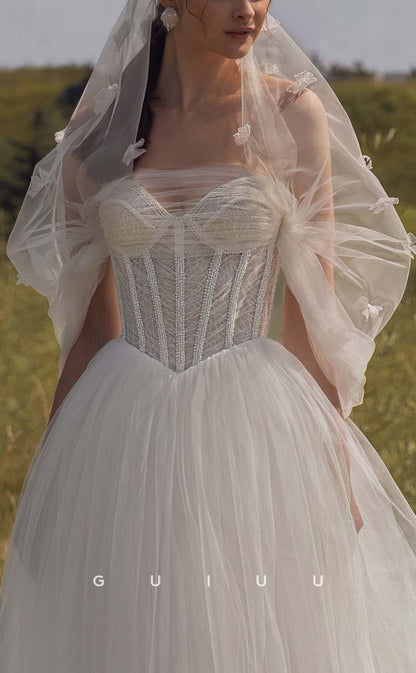 GW466 - Classic & Timeless A-Line Strappless Beaded Tulle Long Boho Wedding Dresses