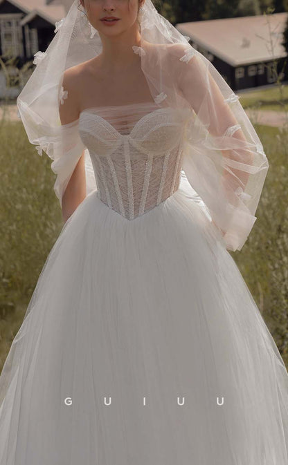 GW466 - Classic & Timeless A-Line Strappless Beaded Tulle Long Boho Wedding Dresses