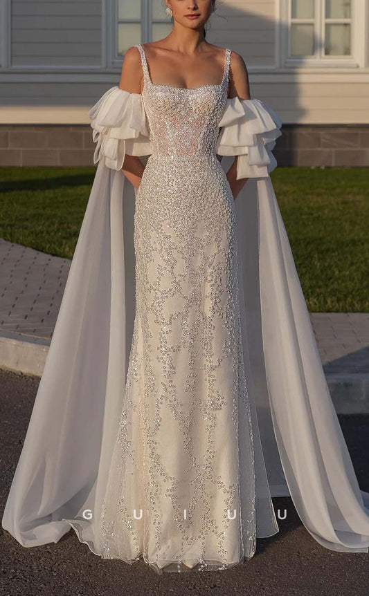GW467 - Elegant & Luxurious Beaded Square Straps Long Boho Wedding Dresses