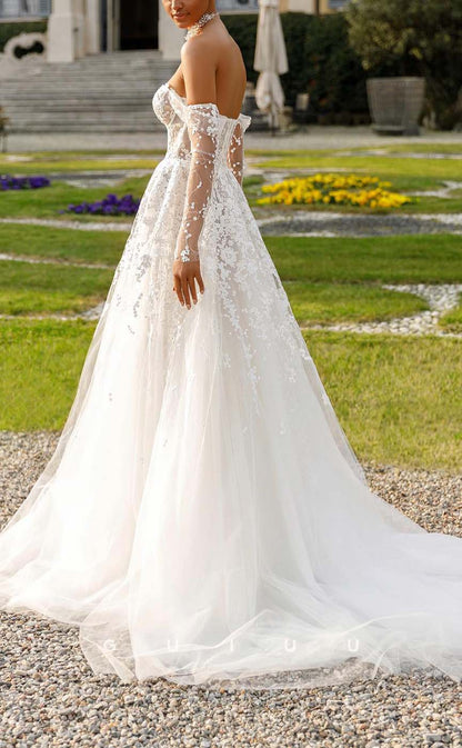 GW468 - Elegant & Luxurious Off-Shoulder Sheer Applique Long Boho Wedding Dresses