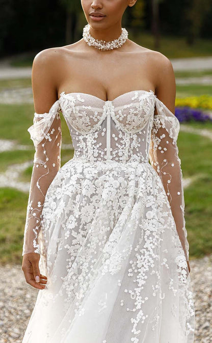 GW468 - Elegant & Luxurious Off-Shoulder Sheer Applique Long Boho Wedding Dresses