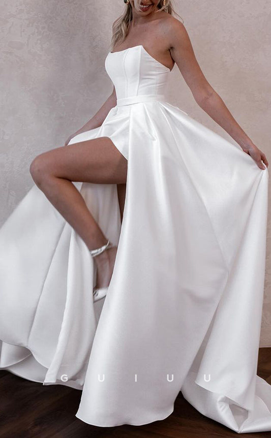 GW491 - Sexy & Classic Sheath & A-line Strapless Satin Sweep Train Detachable Wedding Dress