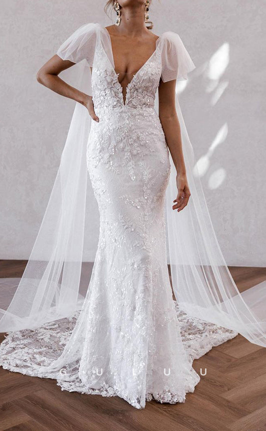 GW495 - Elegant & Luxurious Trumpet Straps Plunging V-Neck Allove Lace Fully Beaded Sweep Train Lace Wedding Dress
