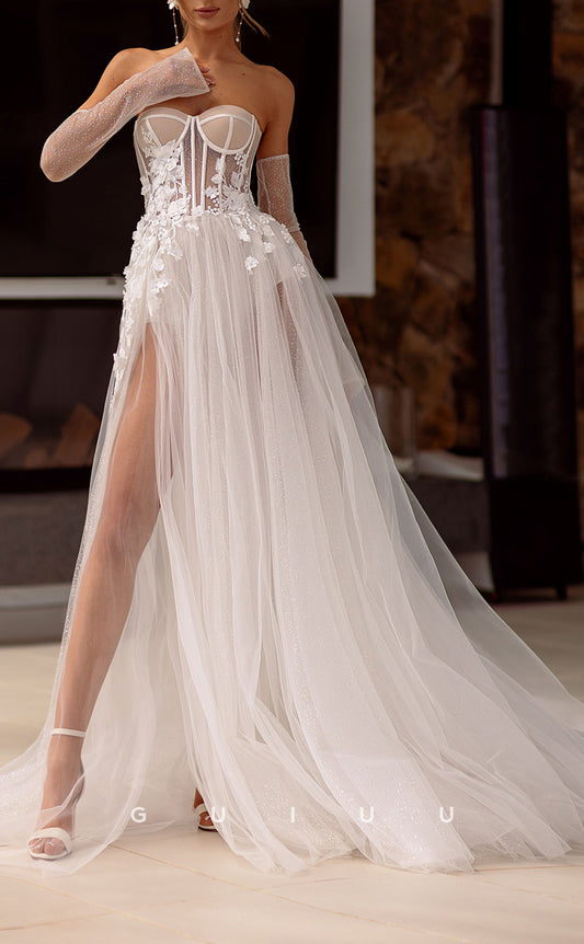 GW503 - Chic & Modern A-Line Sweetheart Corset Floral Appliques High Side Slit Sweep Train Wedding Dress