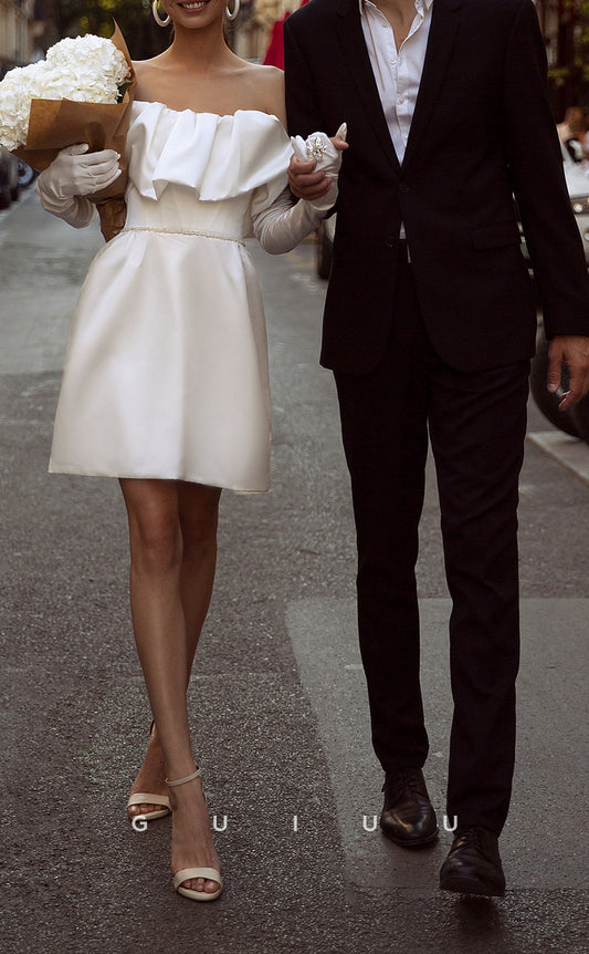 GW504 - Chic & Modern A-Line Strapless Stringy Selvedge Long Gloves Draped Short Wedding Dress