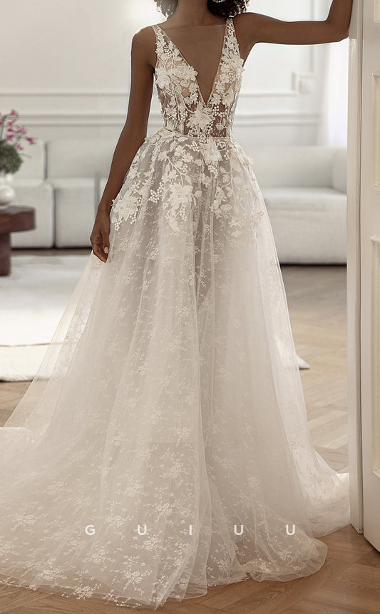 GW506 - Chic & Modern A-Line Plunging V-Neck & V-Back Allover Floral Appliques Pearls Sweep Train Wedding Dress