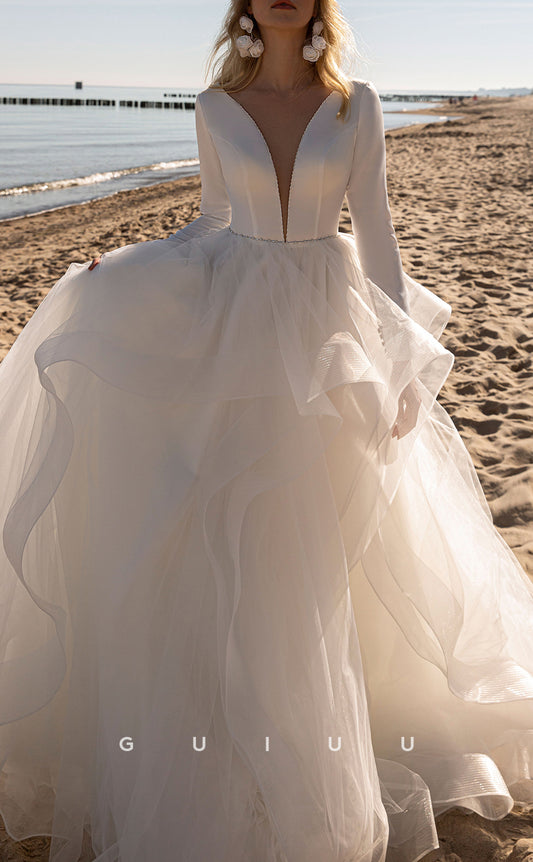 GW510 - Chic & Modern A-Line Plunging V-Neck & V-Back Beaded Long Sleeves With Tulle Train Wedding Dress
