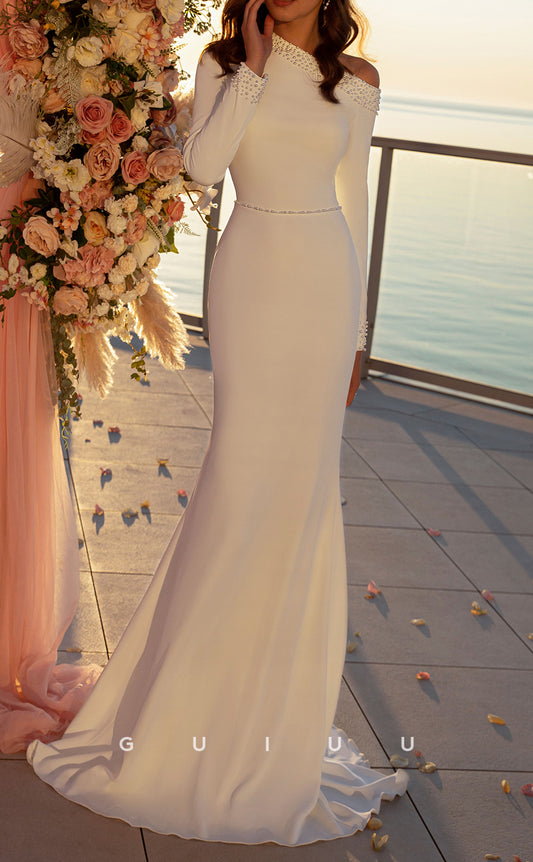 GW514 - Simple & Timeless Sheath Asymmatrical Long Sleeves Satin Floor-Length Boho Wedding Dress