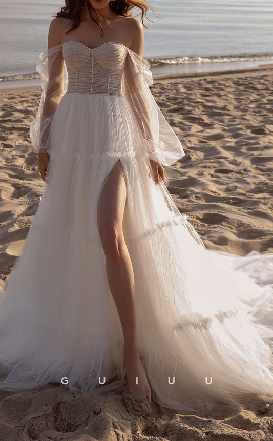 GW515 - Chic & Modern A-Line Sweetheart High SIde Slit Tiered Sweep Train Pearls Beaded Boho Wedding Dress