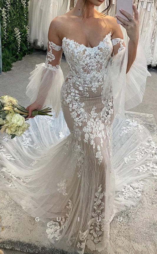GW521 - Sexy & Hot Sheath & Mermaid Strapless Tulle Fully Appliqued Sheer Wedding Dress With Court Train