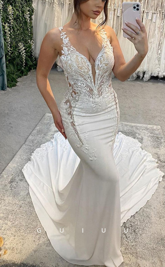 GW523 - Sexy & Hot Mermaid V-Neck Straps Floral Appliques Satin Wedding Dress With Court Train